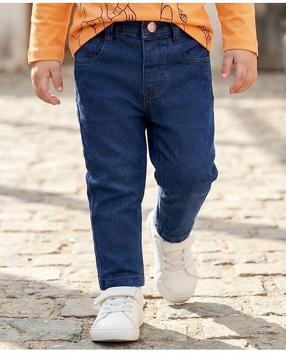 Babyhug Denim Full Length Washed Jeans With Stretch - Navy Blue