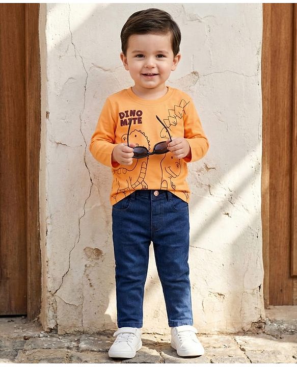 Babyhug Denim Full Length Washed Jeans With Stretch - Navy Blue