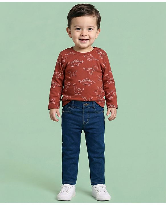 Babyhug Denim Full Length Wahsed Jeans With Stretch - Navy Blue