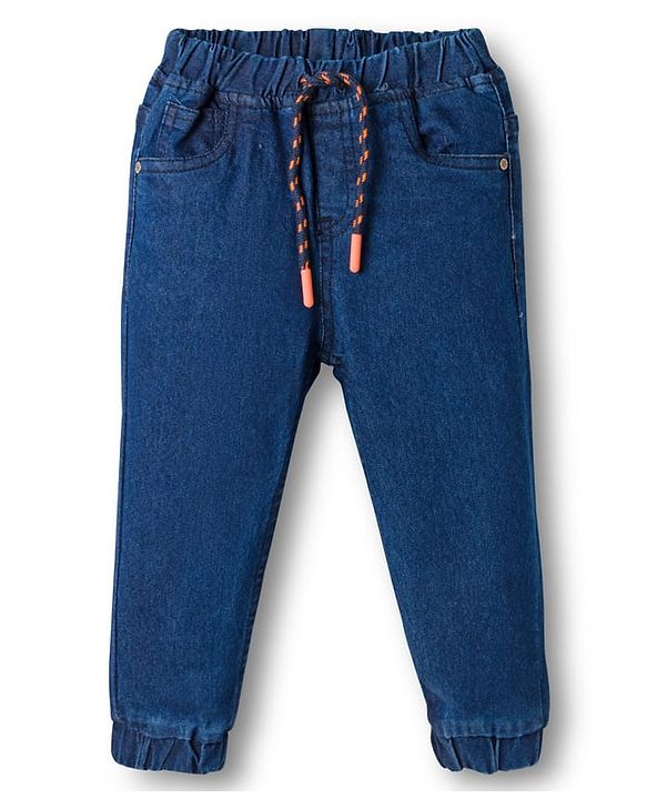 Babyhug Denim Full Length Washed Joggers with Stretch - Navy Blue