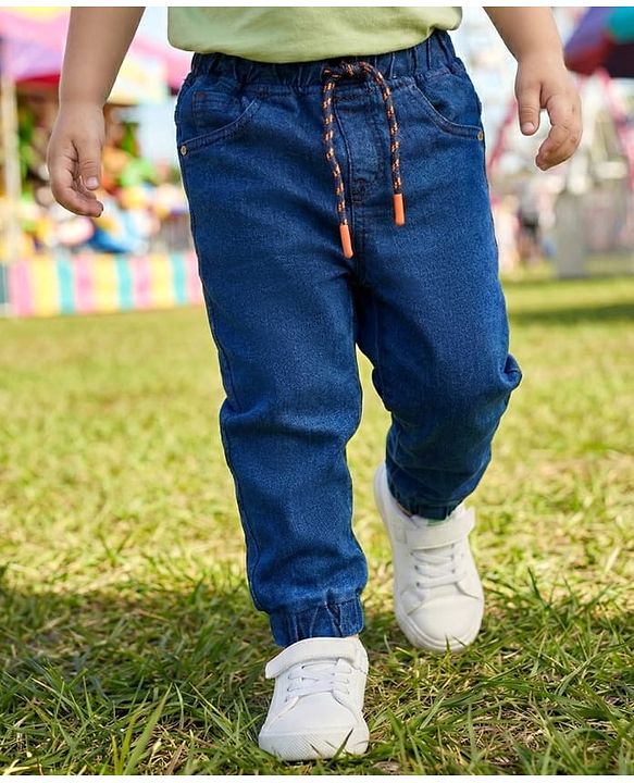 Babyhug Denim Full Length Washed Joggers with Stretch - Navy Blue