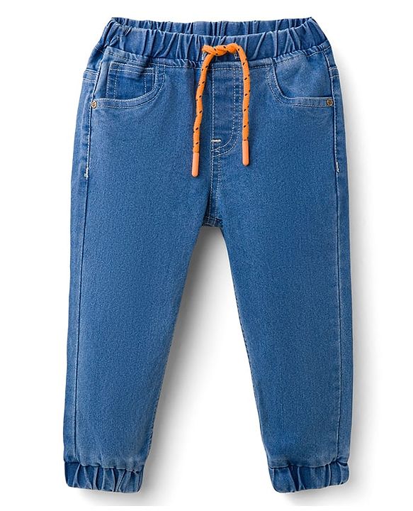 Babyhug Denim Full Length Washed Joggers with Stretch - Navy Blue