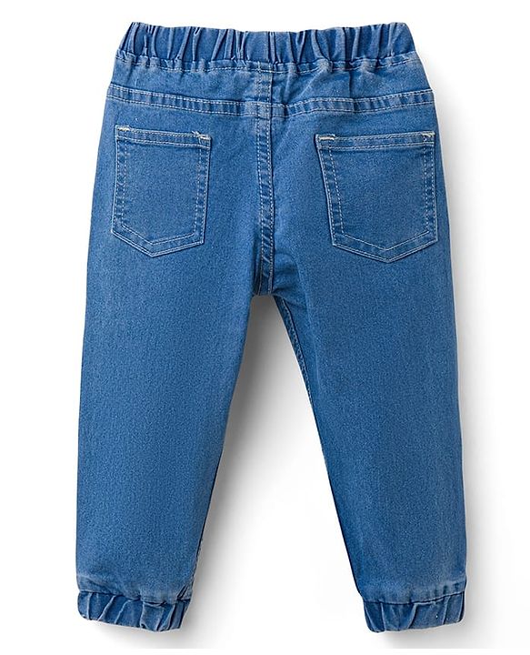 Babyhug Denim Full Length Washed Joggers with Stretch - Navy Blue