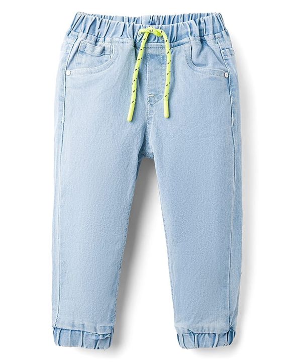 Babyhug Denim Full Length Washed Joggers with Stretch - Navy Blue