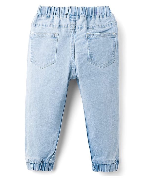 Babyhug Denim Full Length Washed Joggers with Stretch - Navy Blue