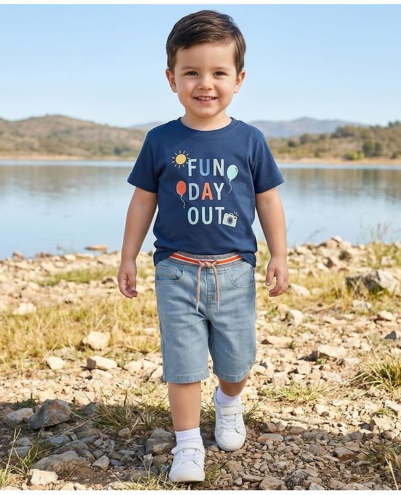 Babyhug Cotton Denim Knee Length Washed Jamaican - Navy Blue