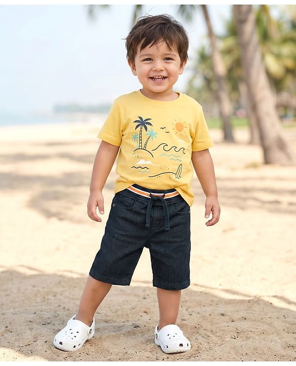 Babyhug Cotton Denim Knee Length Washed Jamaican - Navy Blue