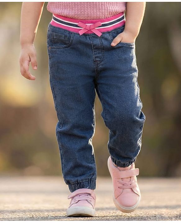Babyhug Denim Washed Full Length  Jogger With Stretch - Medium Blue