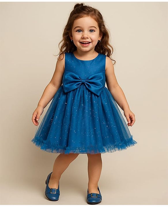 Babyhug Woven Sleeveless Glitter Mesh Party Dress with Bow Applique - Royal Blue