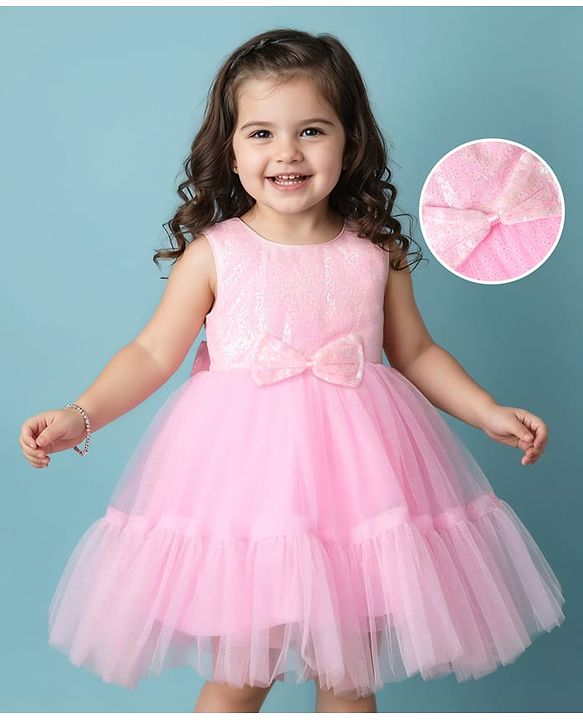 Babyhug Mesh Woven Sleeveless Solid Sequinned Dress With Bow Applique - Pink