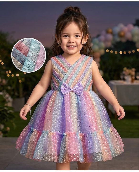 Babyhug Woven Sleeveless Mesh Pleated Party Dress with Bow Applique & Sequin Detailing - Multicolor