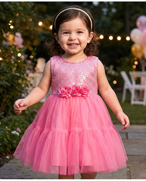 Babyhug Mesh Woven Sleeveless  Partywear Dress With Floral Corsage & Sequined Yoke - Pink