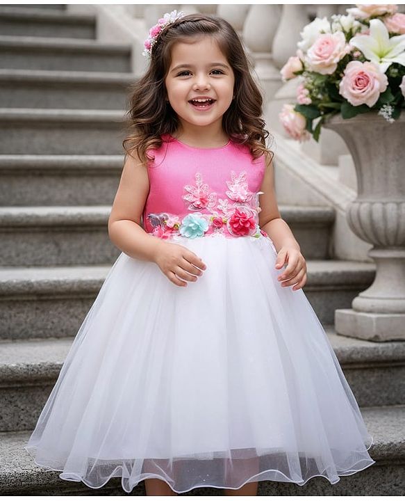 Babyhug Woven Sleeveless Mesh Party Dress with Floral Applique - Pink & White