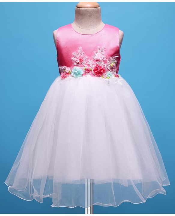 Babyhug Woven Sleeveless Mesh Party Dress with Floral Applique - Pink & White