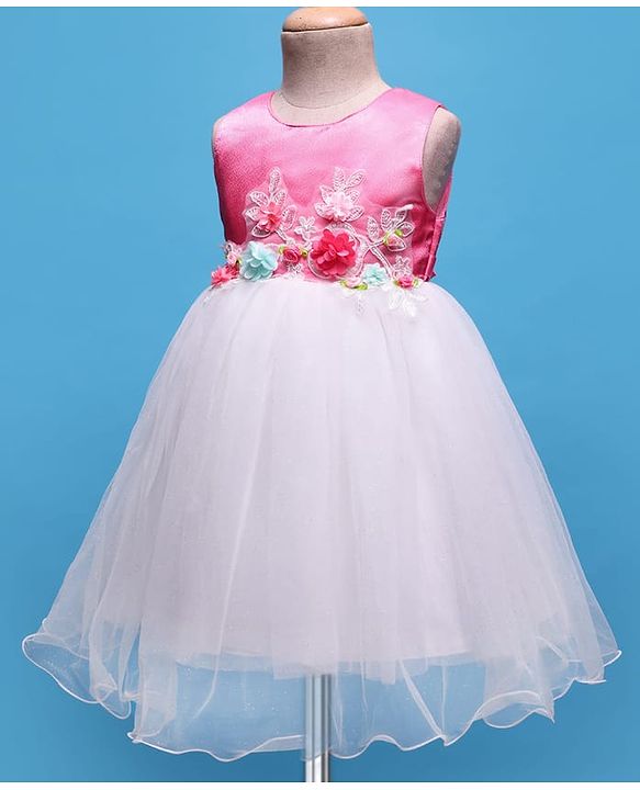 Babyhug Woven Sleeveless Mesh Party Dress with Floral Applique - Pink & White