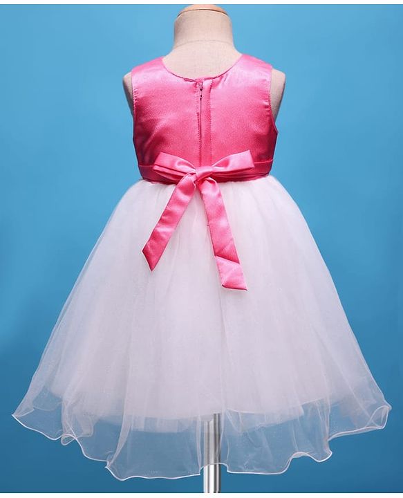 Babyhug Woven Sleeveless Mesh Party Dress with Floral Applique - Pink & White