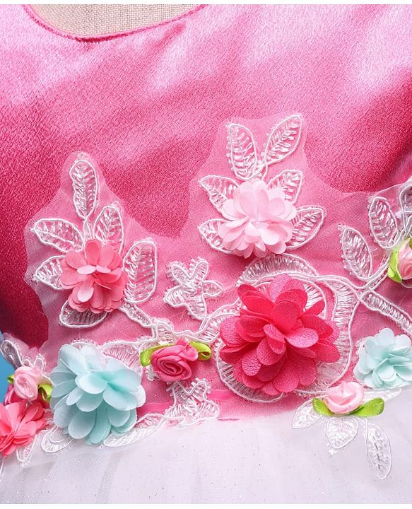 Babyhug Woven Sleeveless Mesh Party Dress with Floral Applique - Pink & White