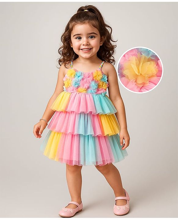 Babyhug Mesh Woven Sleeveless Fit & Flare Party Dress with Floral Applique - Pink Yellow & Blue