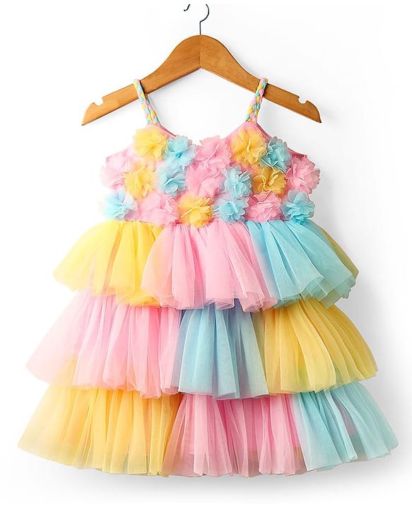 Babyhug Mesh Woven Sleeveless Fit & Flare Party Dress with Floral Applique - Pink Yellow & Blue