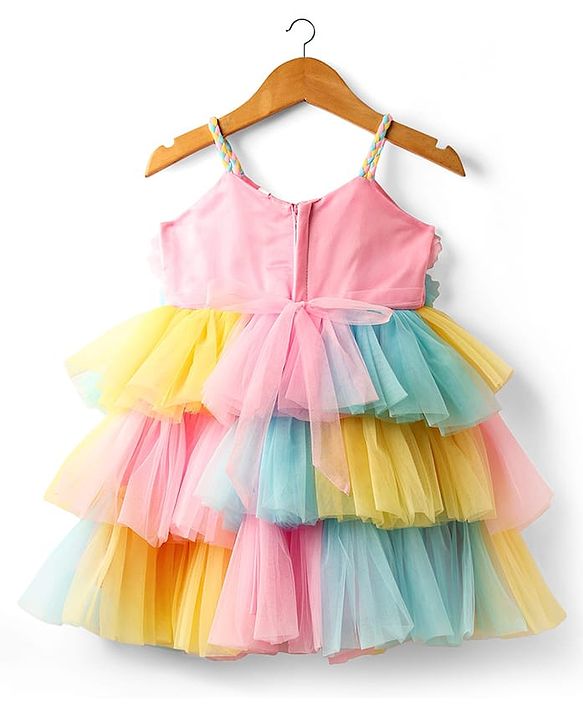 Babyhug Mesh Woven Sleeveless Fit & Flare Party Dress with Floral Applique - Pink Yellow & Blue