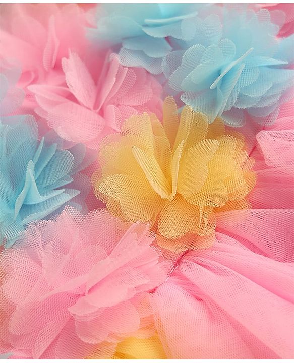 Babyhug Mesh Woven Sleeveless Fit & Flare Party Dress with Floral Applique - Pink Yellow & Blue