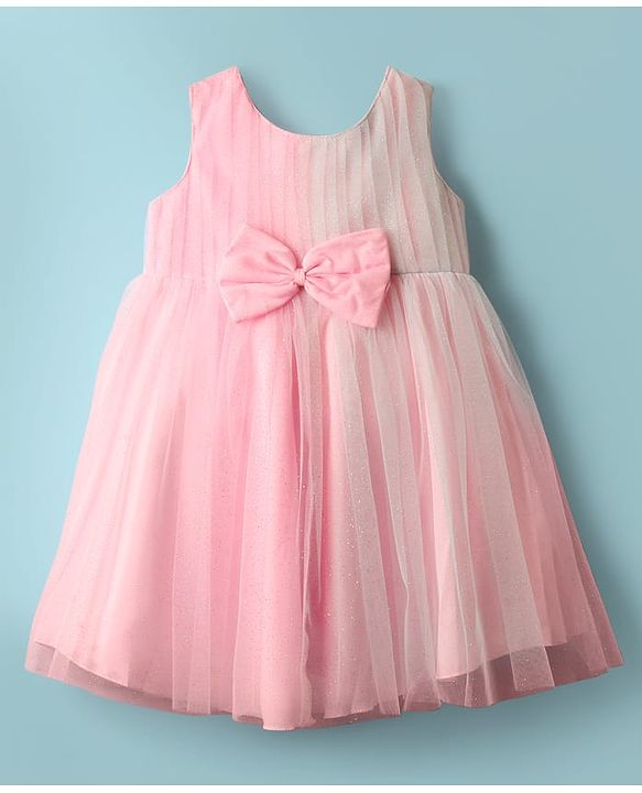 Babyhug Sleeveless Glitter Mesh Party Dress With Bow - Pink