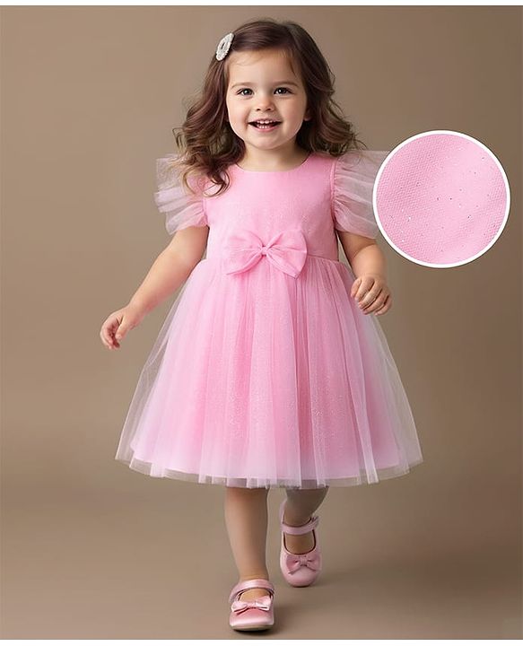 Babyhug Woven Frill Sleeves Mesh Party Dress with Bow Applique & Glitter Print - Pink