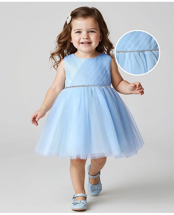 Babyhug Woven Sleeveless Mesh Party Dress with Pin Tuck & Lace Detailing - Light Blue