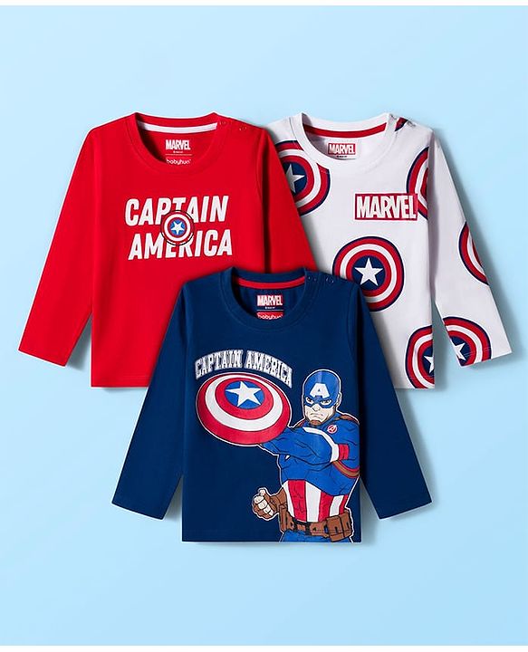 Babyhug Marvel Single Jersey Knit Full Sleeves T-Shirts with Avengers & Captain America Graphic Pack of 3 - Red Navy Blue & White