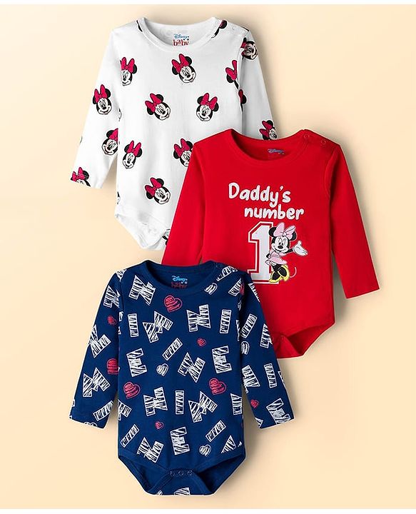 Babyhug Disney Inyterlock Knit Full Sleeve Onesies with  Minnie Mouse Graphics Pack of 3 - Red White & Blue