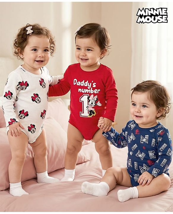 Babyhug Disney Inyterlock Knit Full Sleeve Onesies with  Minnie Mouse Graphics Pack of 3 - Red White & Blue