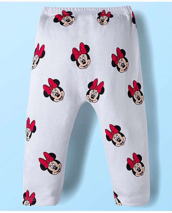 Babyhug Disney Interlock Knit Full Length Diaper Leggings With Minnie Mouse Family Graphics Pack Of 3 - Red Navy Blue & White