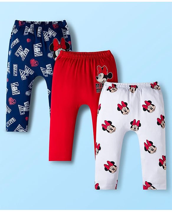 Babyhug Disney Interlock Knit Full Length Diaper Leggings With Minnie Mouse Family Graphics Pack Of 3 - Red Navy Blue & White