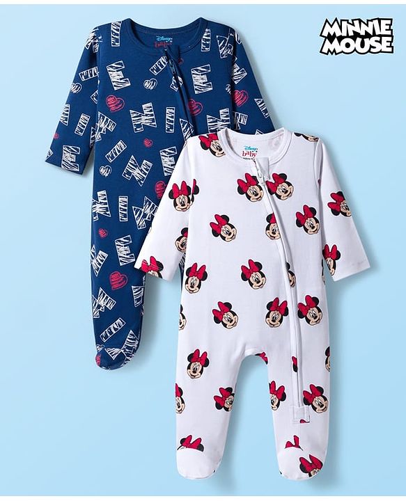 Babyhug Disney Interlock Knit Full Sleeves Footed Sleepsuit With Minnie Mouse Print Pack Of 2 - Navy Blue & White