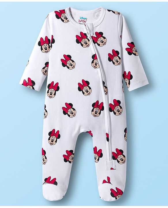 Babyhug Disney Interlock Knit Full Sleeves Footed Sleepsuit With Minnie Mouse Print Pack Of 2 - Navy Blue & White