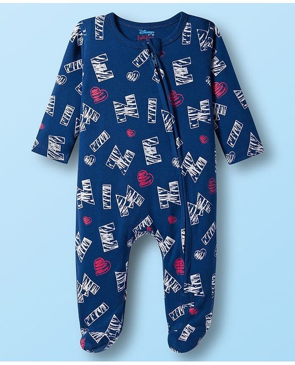 Babyhug Disney Interlock Knit Full Sleeves Footed Sleepsuit With Minnie Mouse Print Pack Of 2 - Navy Blue & White