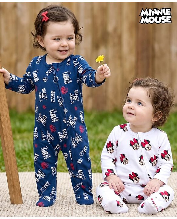 Babyhug Disney Interlock Knit Full Sleeves Footed Sleepsuit With Minnie Mouse Print Pack Of 2 - Navy Blue & White