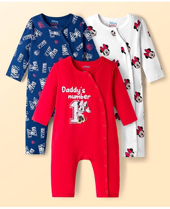 Babyhug Disney Inyterlock Knit Full Sleeves Front Open Rompers with Minnie Mouse Graphics Pack of 3 - Red White & Blue
