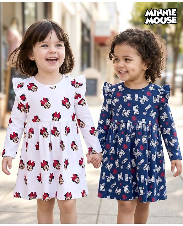 Babyhug Disney Single Jersey Knit Full Sleeves Frock With Minnie Mouse Print Pack Of 2 - Navy Blue & White