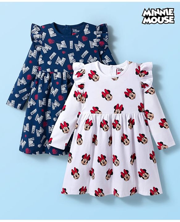Babyhug Disney Single Jersey Knit Full Sleeves Frock With Minnie Mouse Print Pack Of 2 - Navy Blue & White