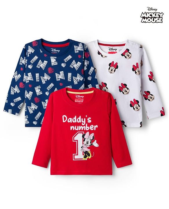 Babyhug Disney Single Jersey Knit Full Sleeves T-Shirts with Minnie Mouse Graphic Pack of 3 - Red Navy Blue & White