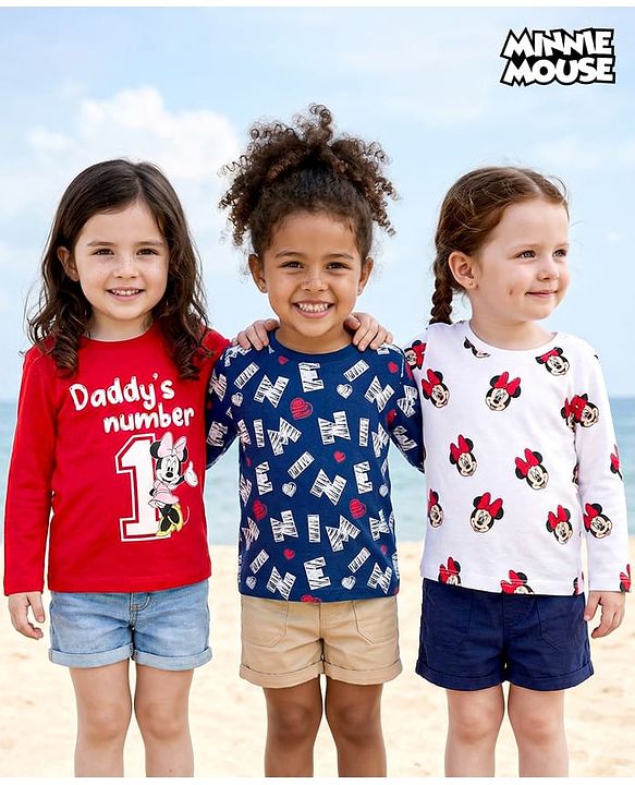 Babyhug Disney Single Jersey Knit Full Sleeves T-Shirts with Minnie Mouse Graphic Pack of 3 - Red Navy Blue & White