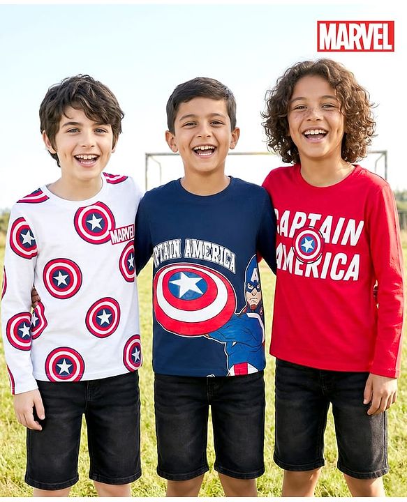Pine Kids Marvel Single Jersey Knit Full Sleeves T-Shirts with Avengers Captain America Graphic Pack of 3 - White Blue & Red
