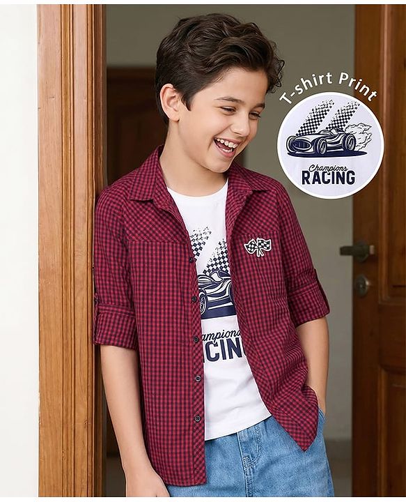 Pine Kids 100% Cotton Full Sleeves Checks Shirt With T-Shirt - Dark Red & White