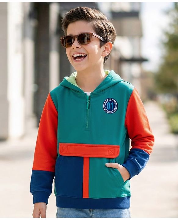 Pine Kids Knit Full Sleeves Hooded Sweatshirt With Badge Detailing & Kangaroo Pockets - Mint Green