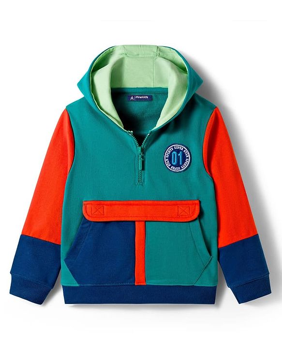 Pine Kids Knit Full Sleeves Hooded Sweatshirt With Badge Detailing & Kangaroo Pockets - Mint Green