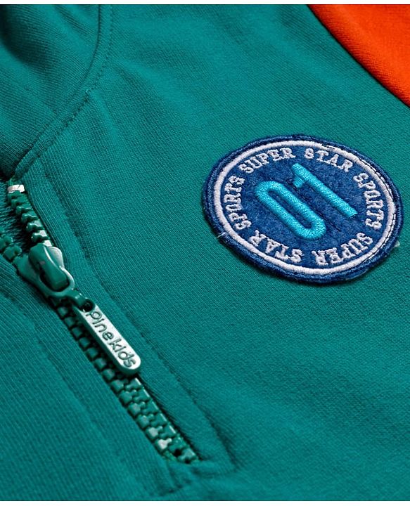 Pine Kids Knit Full Sleeves Hooded Sweatshirt With Badge Detailing & Kangaroo Pockets - Mint Green