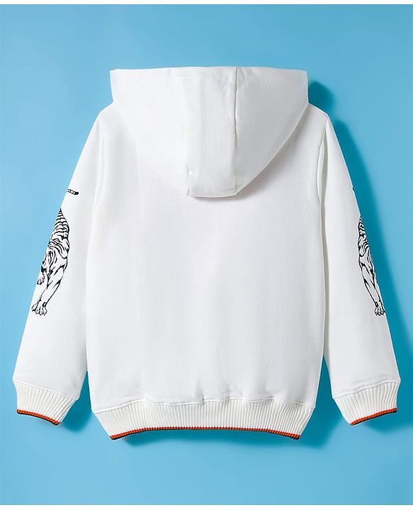 Pine Kids Knit Full Sleeves Hooded Sweatjacket With Animal Print & Kangaroo Pockets - White