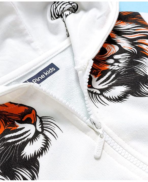 Pine Kids Knit Full Sleeves Hooded Sweatjacket With Animal Print & Kangaroo Pockets - White