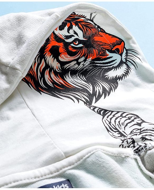Pine Kids Knit Full Sleeves Hooded Sweatjacket With Animal Print & Kangaroo Pockets - White